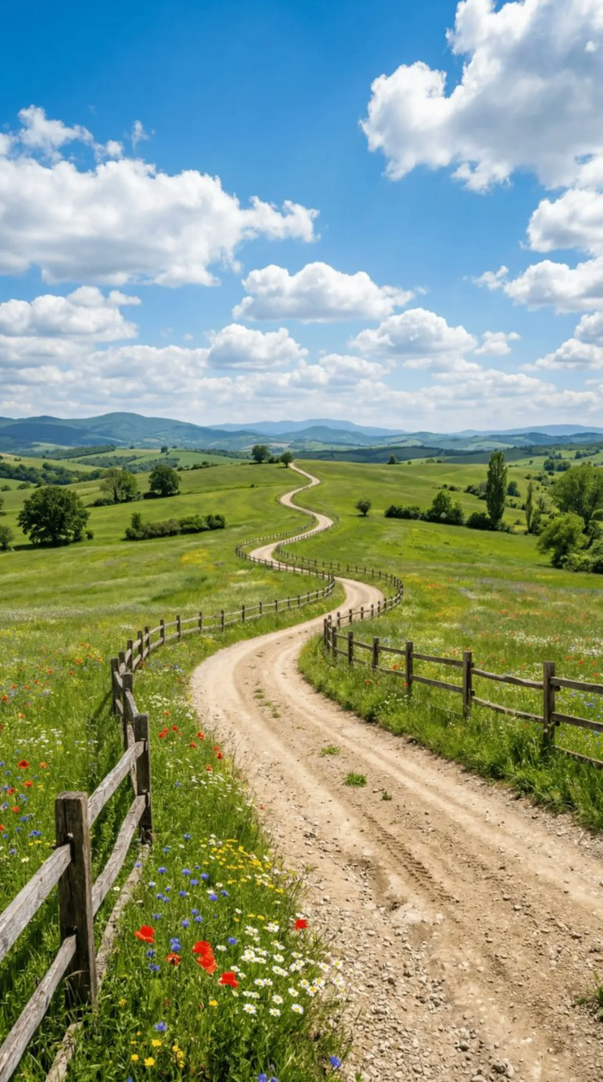Sun-Baked Dirt Road Through Lush Green Pastures