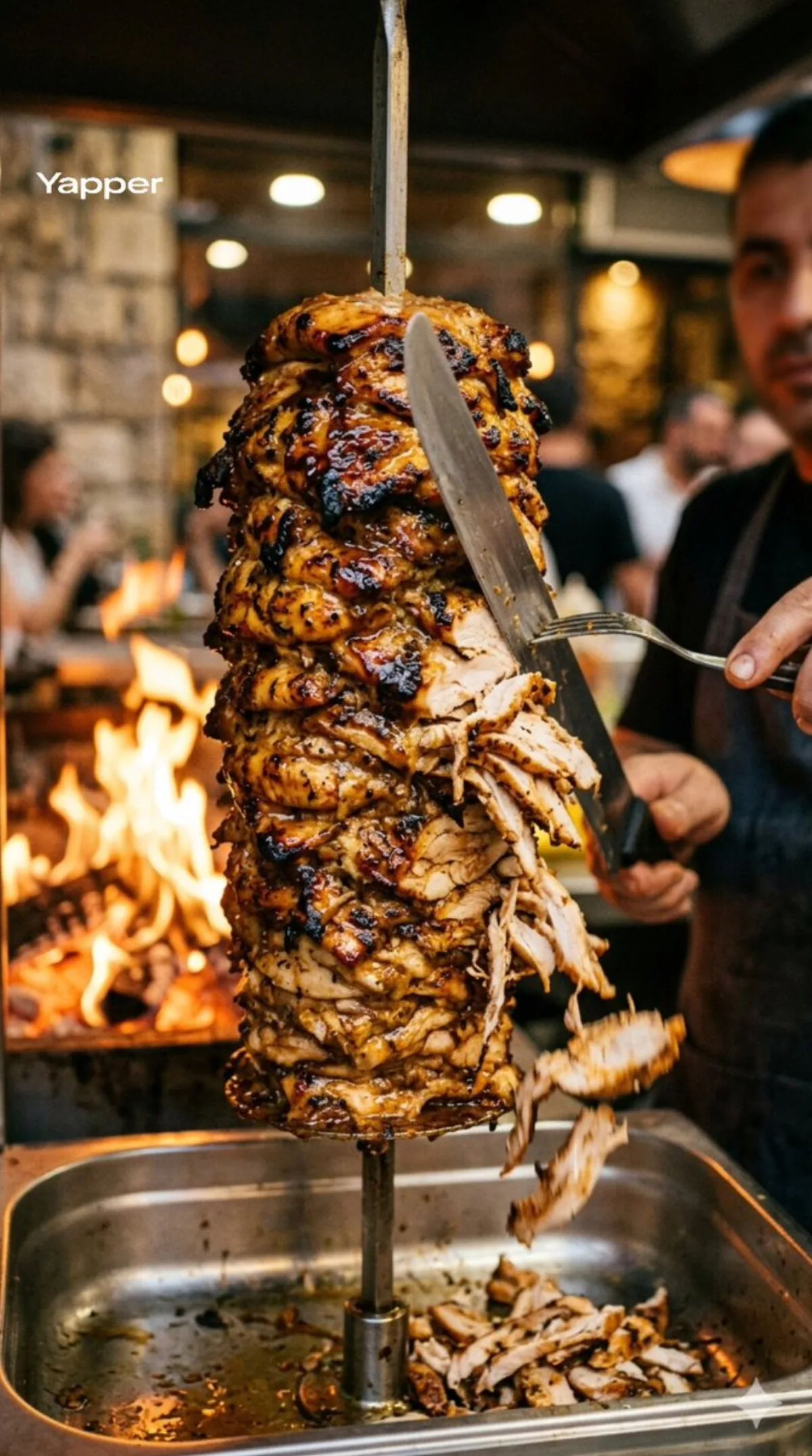 A Studio-Grade Cinematic Close-up of Shawarma on Open Flame