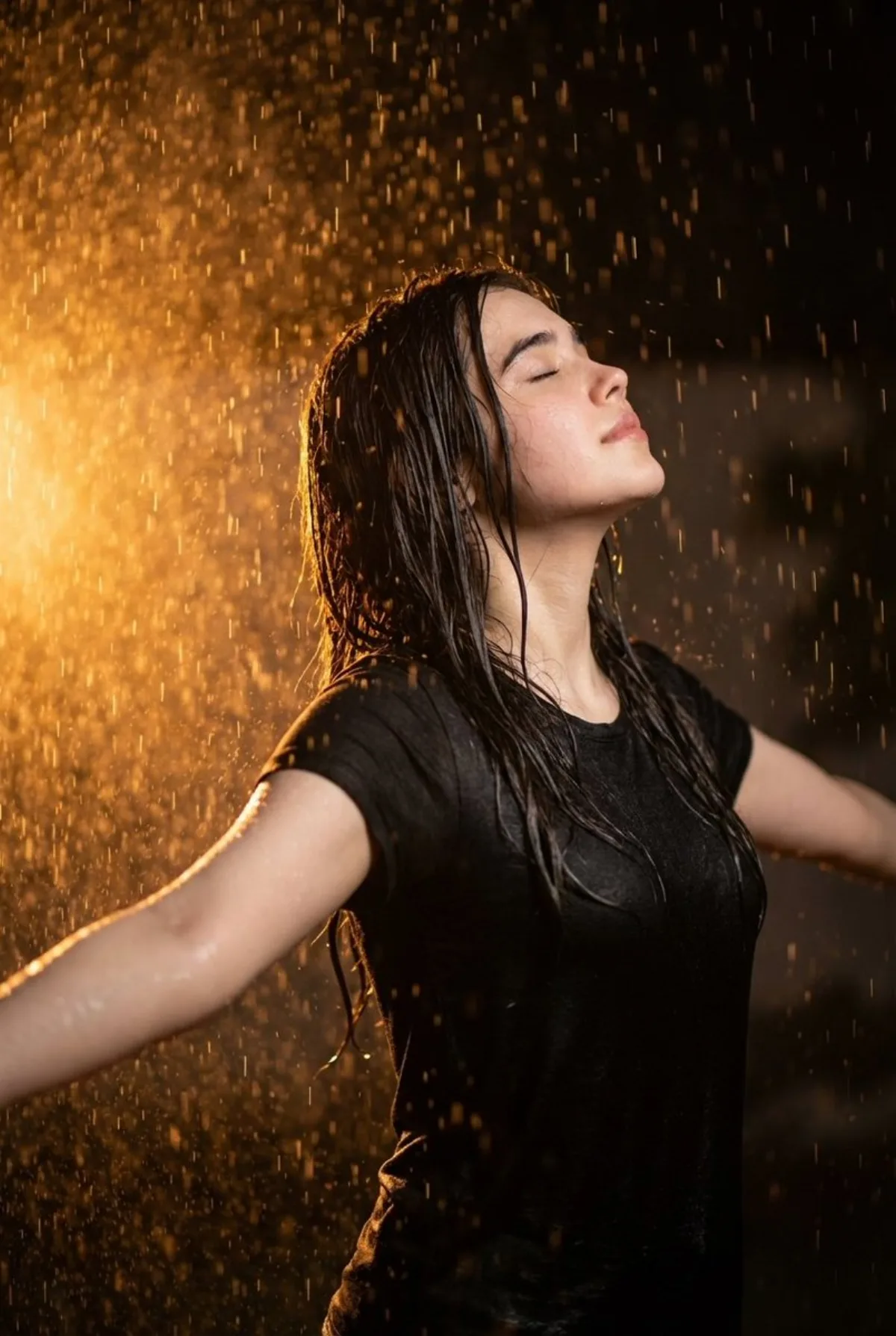 Cinematic Portrait of Woman in Rain with Orange Backlight: A Curated Take