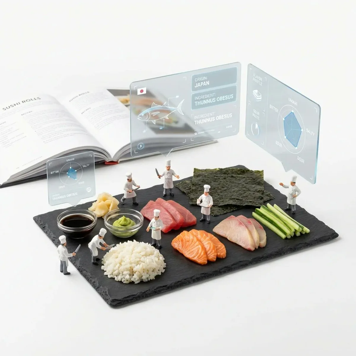 Deconstructed Dish with Toy Chef and AR UI (Editorial)