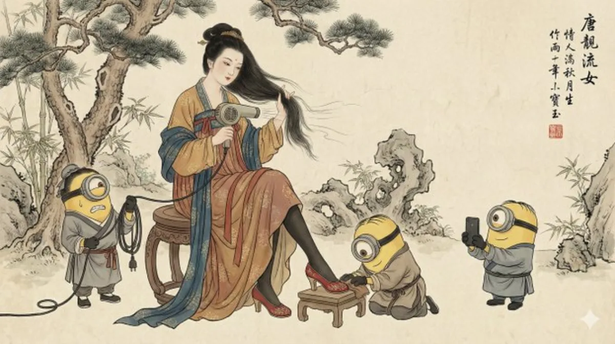 主图风传统彩色水墨画与现代卡通角色