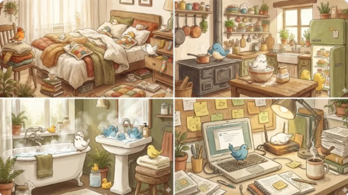 Cozy Vintage Bathroom with Cartoon Birds: A Curated Take