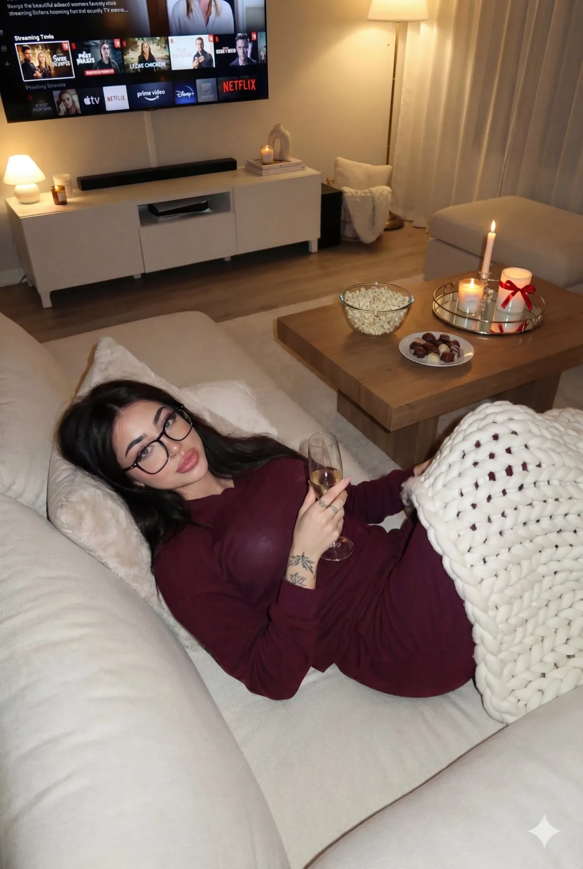 Woman Relaxing in Cozy Modern Living Room: A Studio-Grade Take