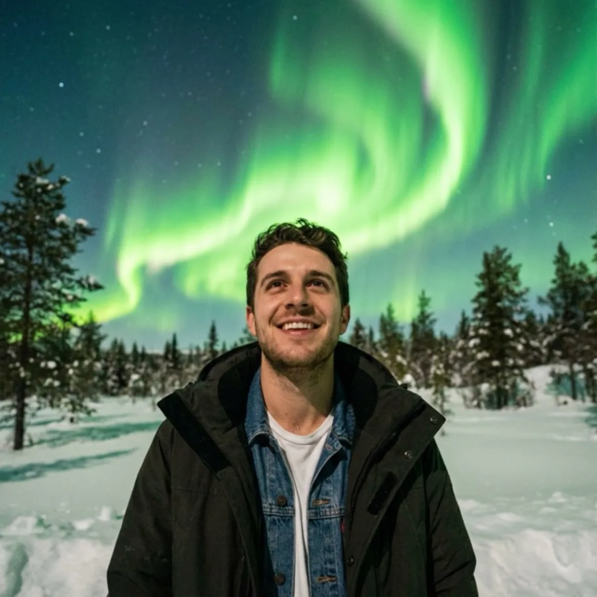 Person under Northern Lights on Snowy Ground