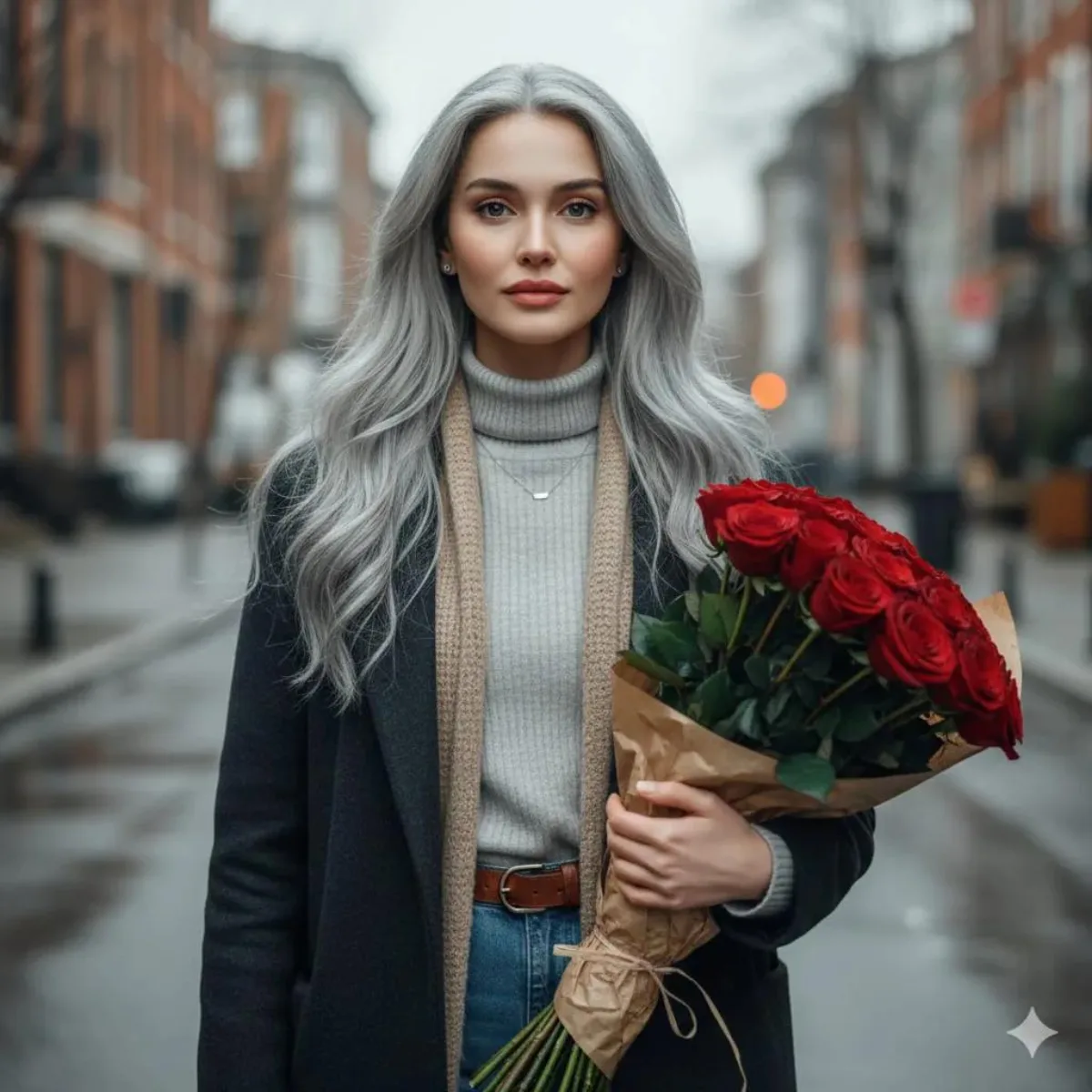 Silver Haired Woman With Roses Cinematic Portrait