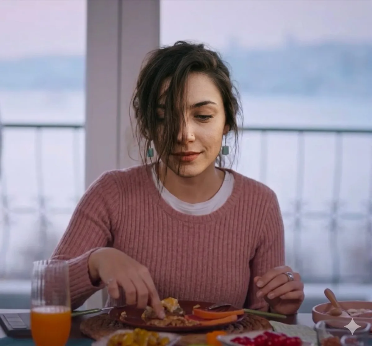 Woman Eating Breakfast on Balcony, Misty Coastline