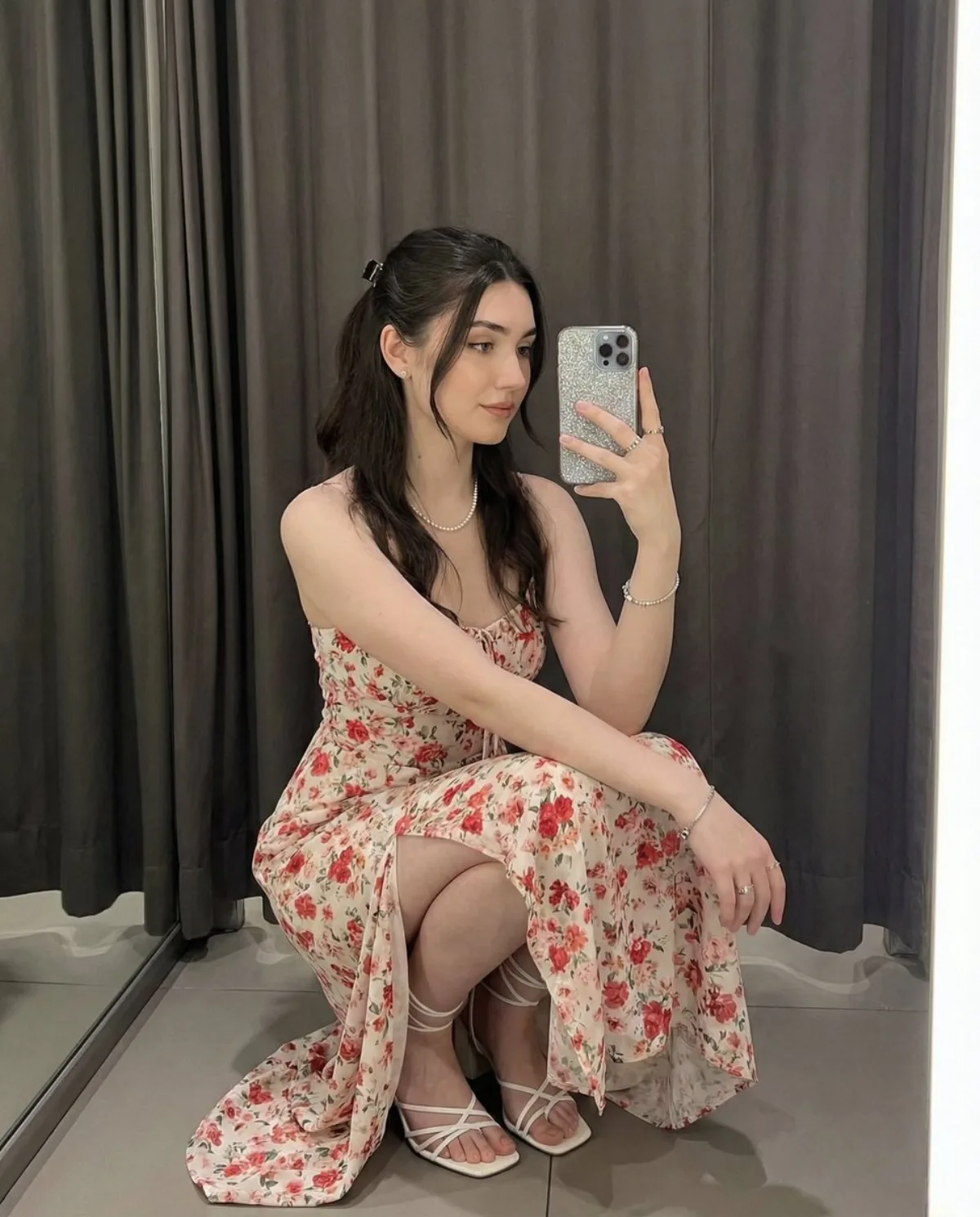 A Editorial Elegant Selfie: Woman in Floral Dress in Mirror