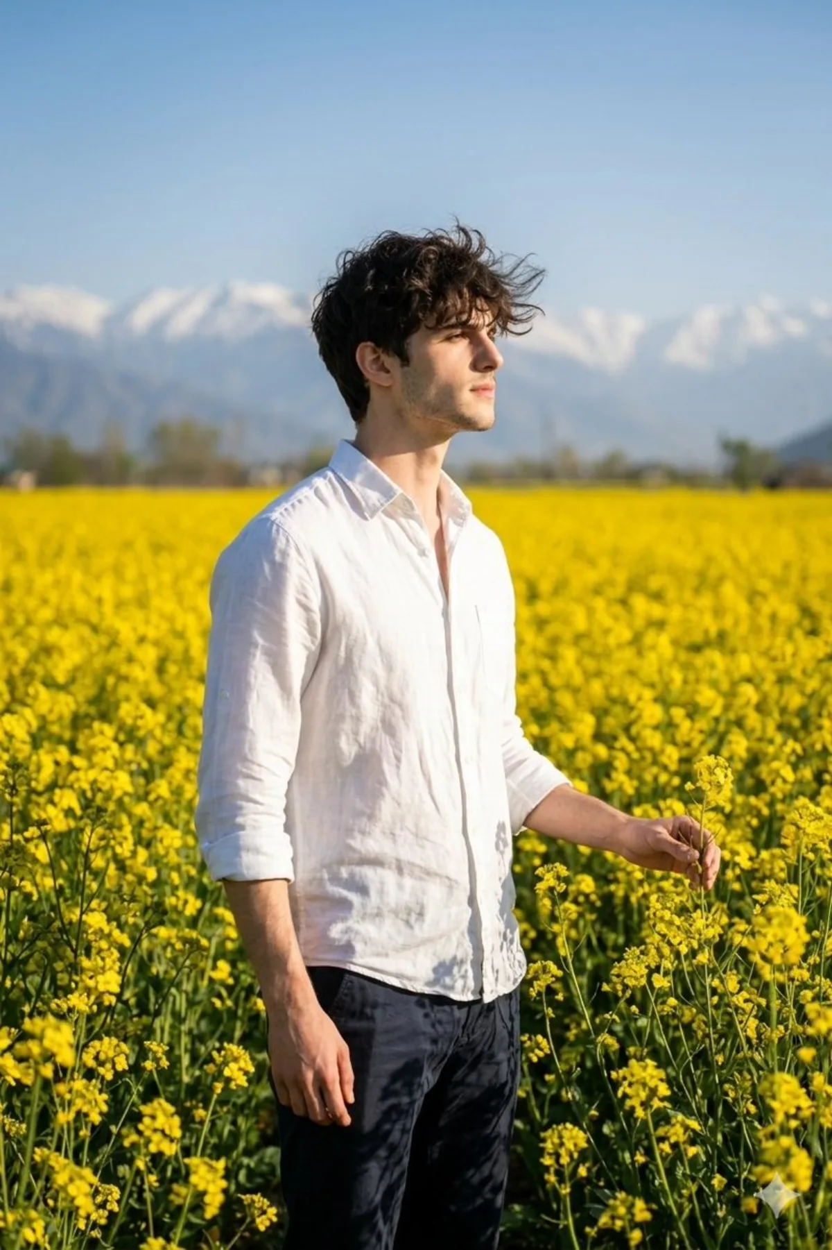 Curated Young Man in Kashmir Mustard Field, Cinematic Portrait