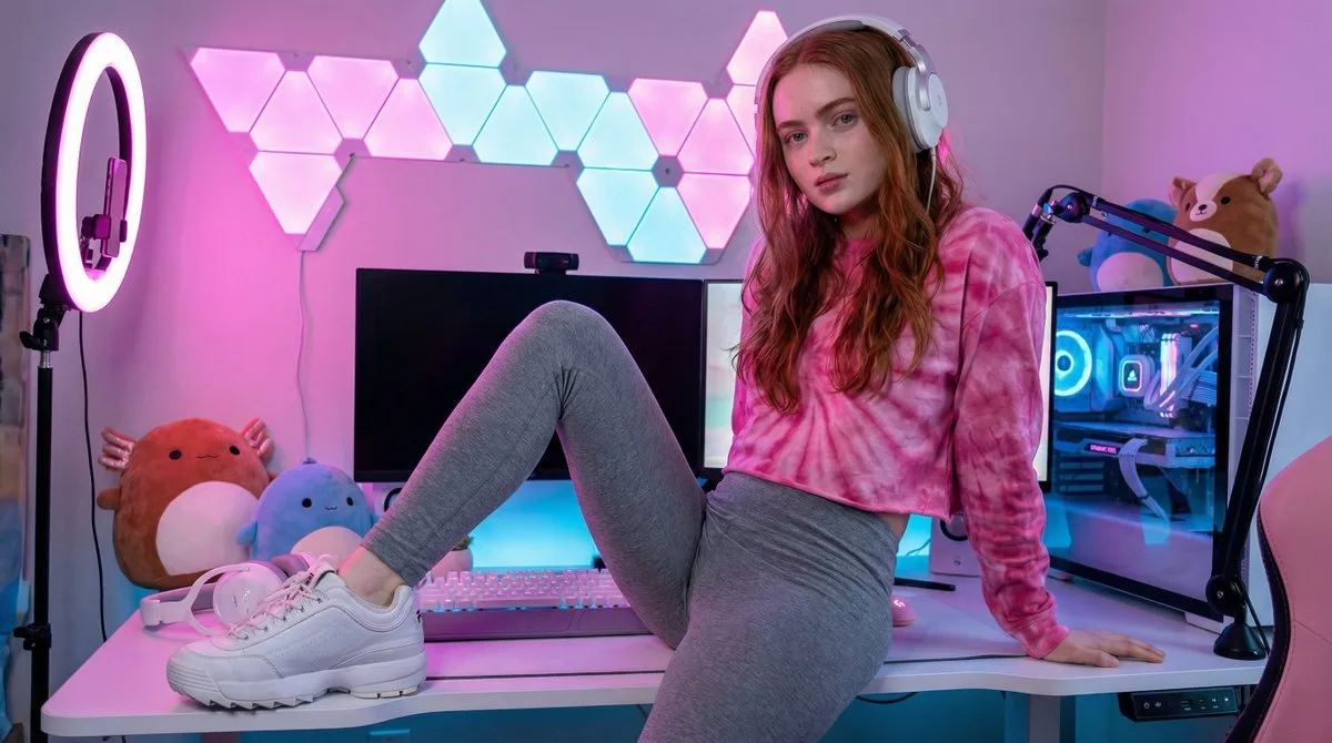 Studio-Grade Female Streamer Portrait with RGB Lighting