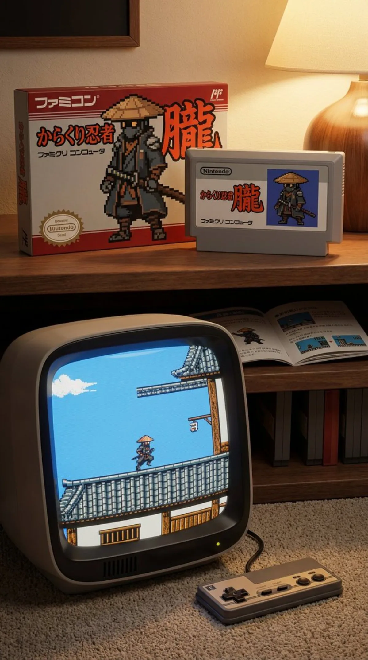 Famicom game package and screen prompt (Crafted)