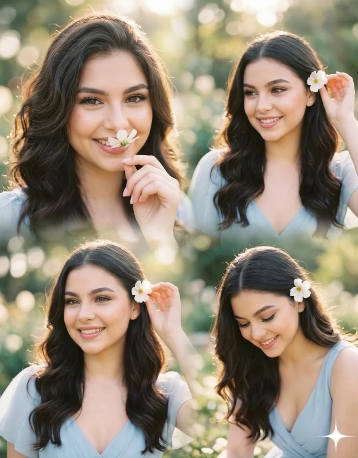 A Curated Smiling Woman in Garden, 4-Panel Collage Portrait