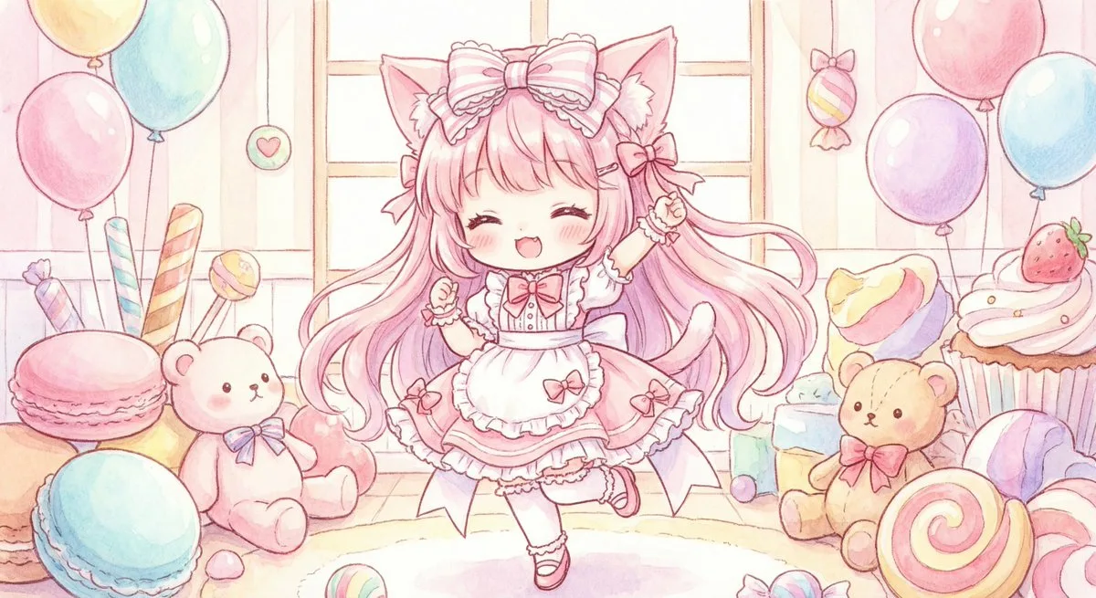 Cute pink cat‑ear chibi girl illustration