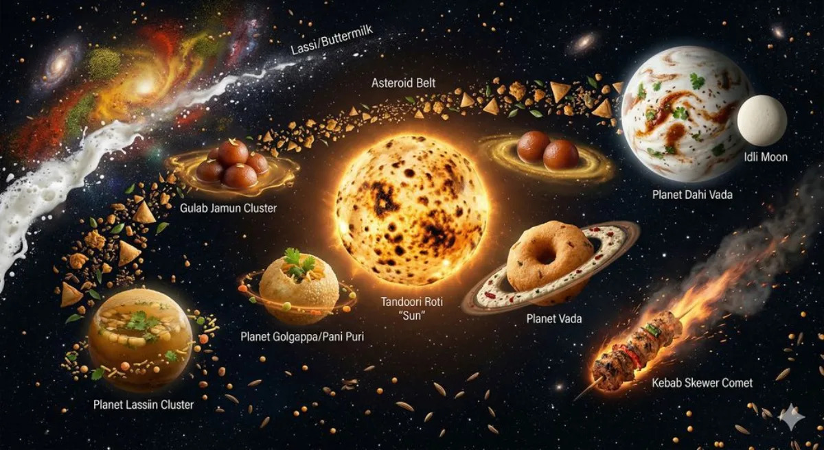 Indian Street Food Solar System in Deep Space - Premium Style