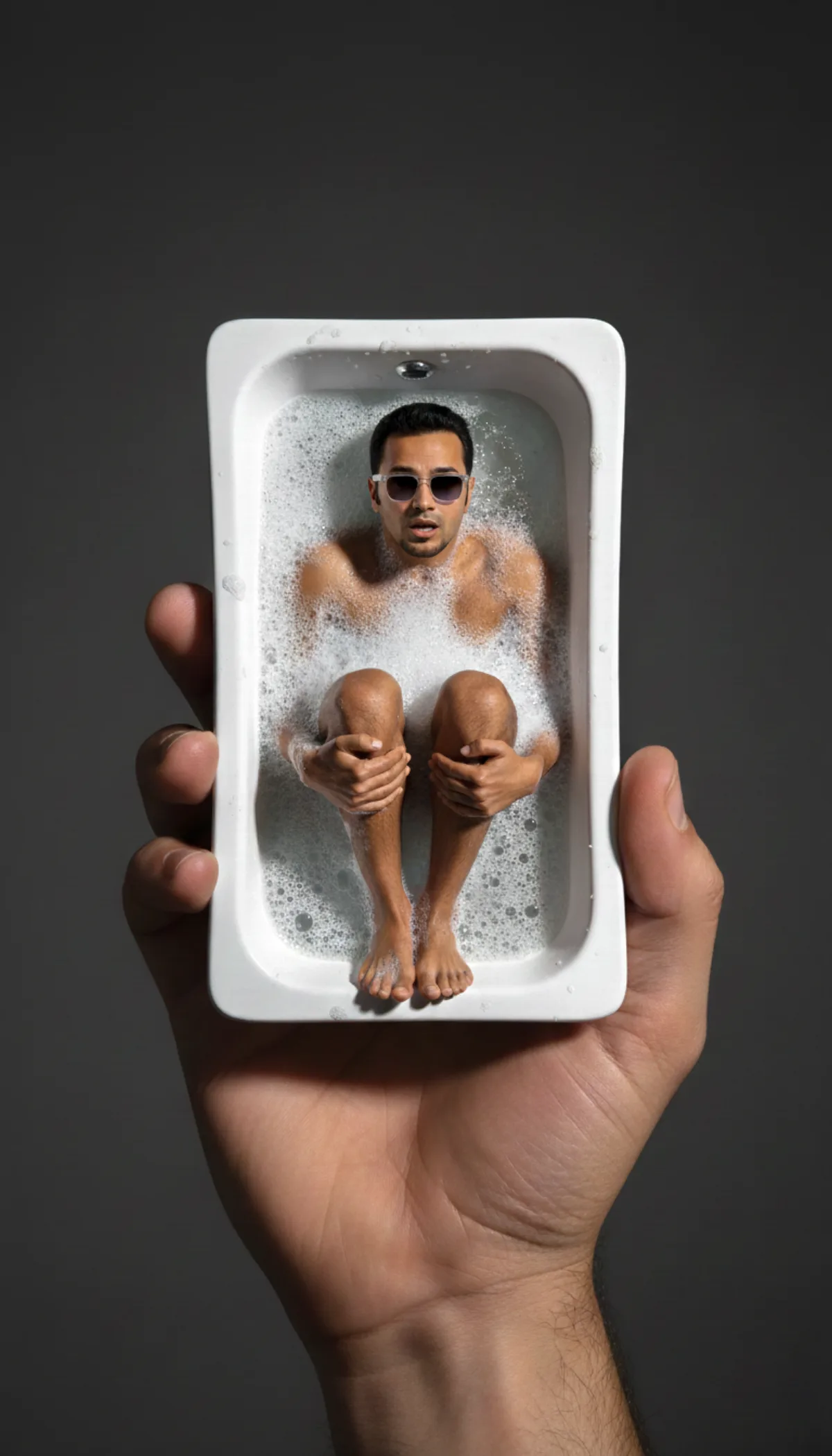 Miniature Man in Bathtub Held by Giant Hand