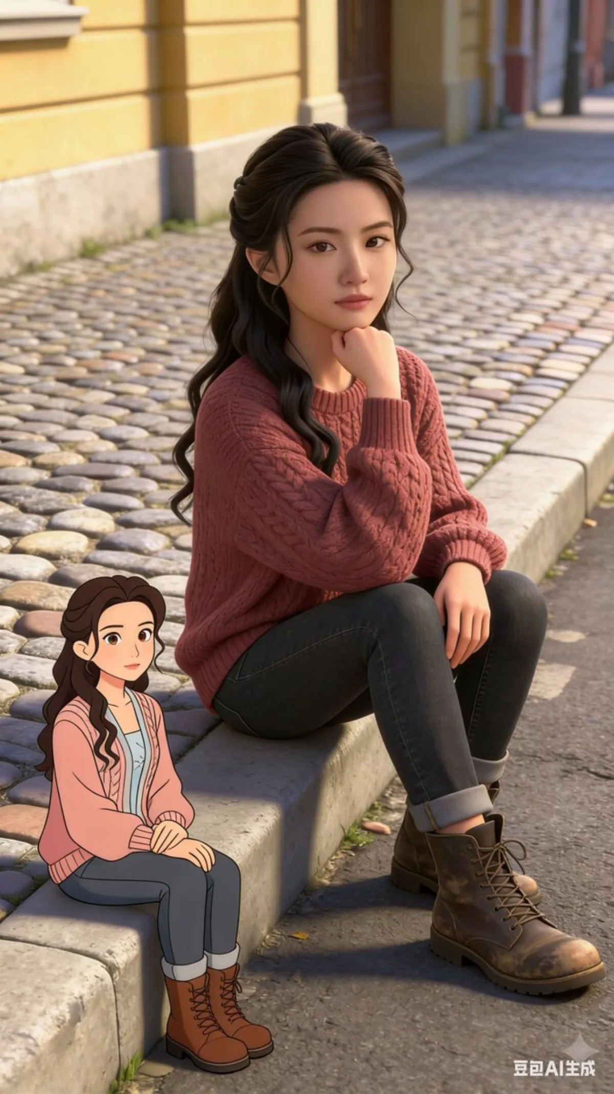 Person with Cartoon Companion on City Street - Crafted Style