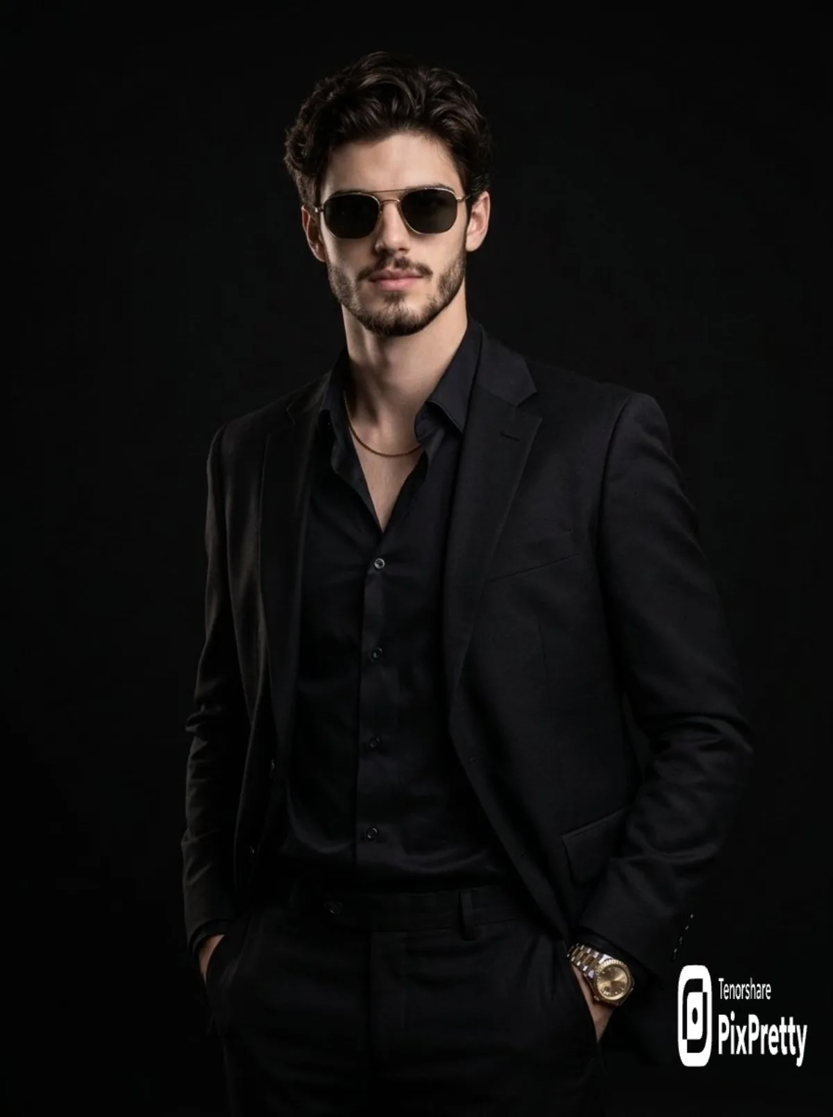 Stylish Man in Black with Gold Accents: A Stylized Take