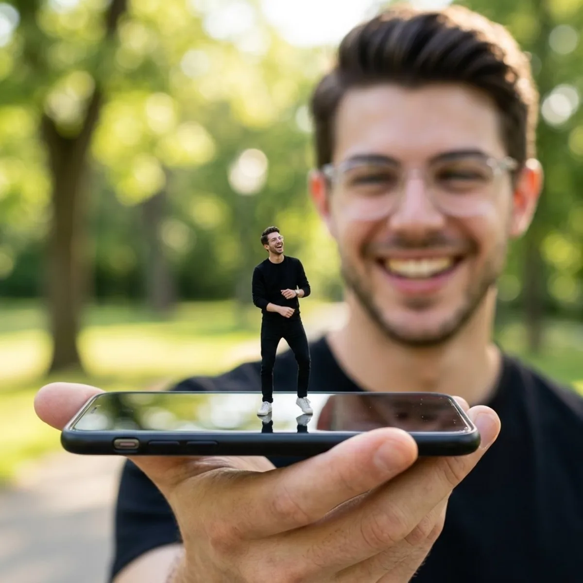 Crafted Man holding smartphone with miniature self dancing on screen