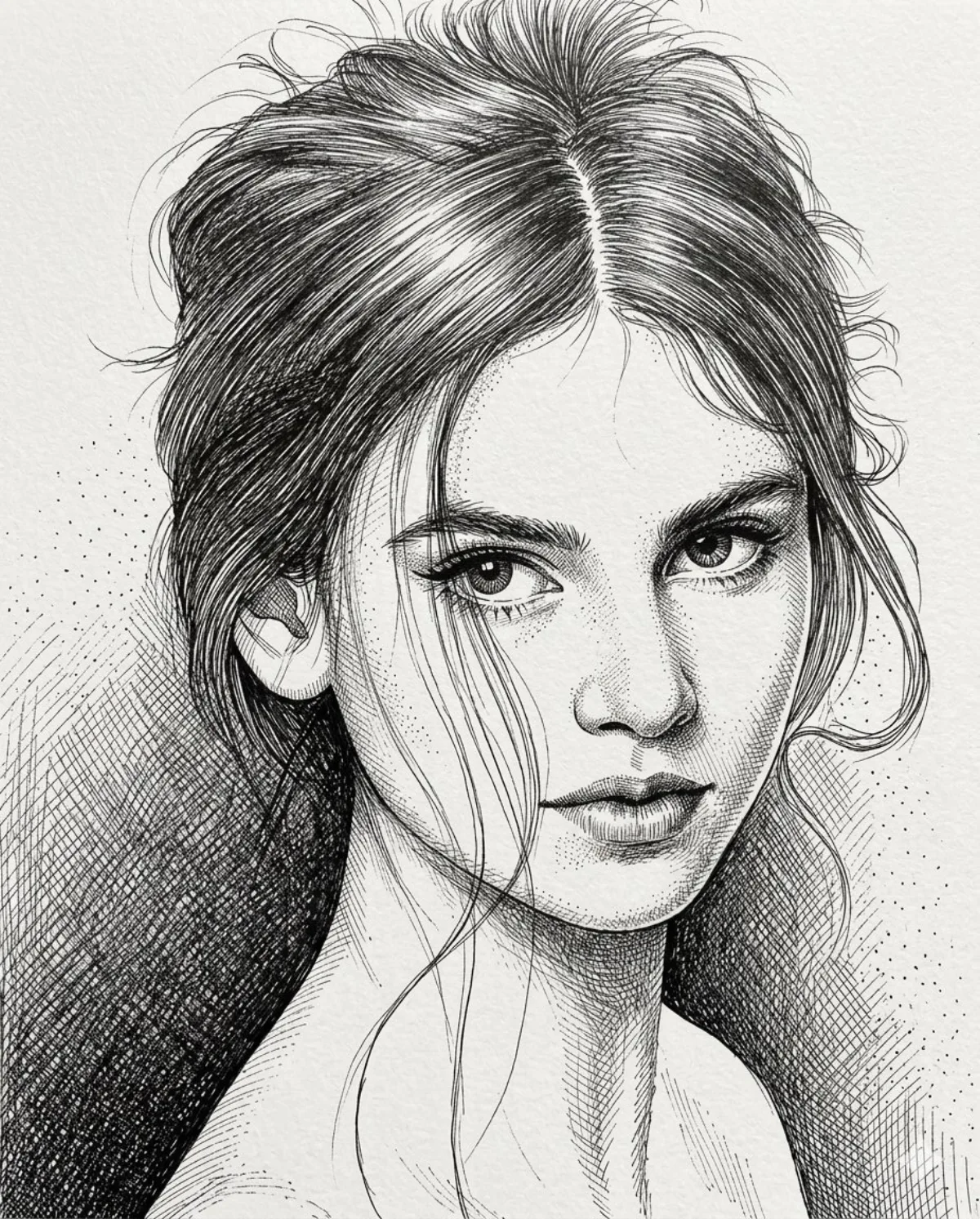 High-Contrast Pen and Ink Portrait of a Young Woman