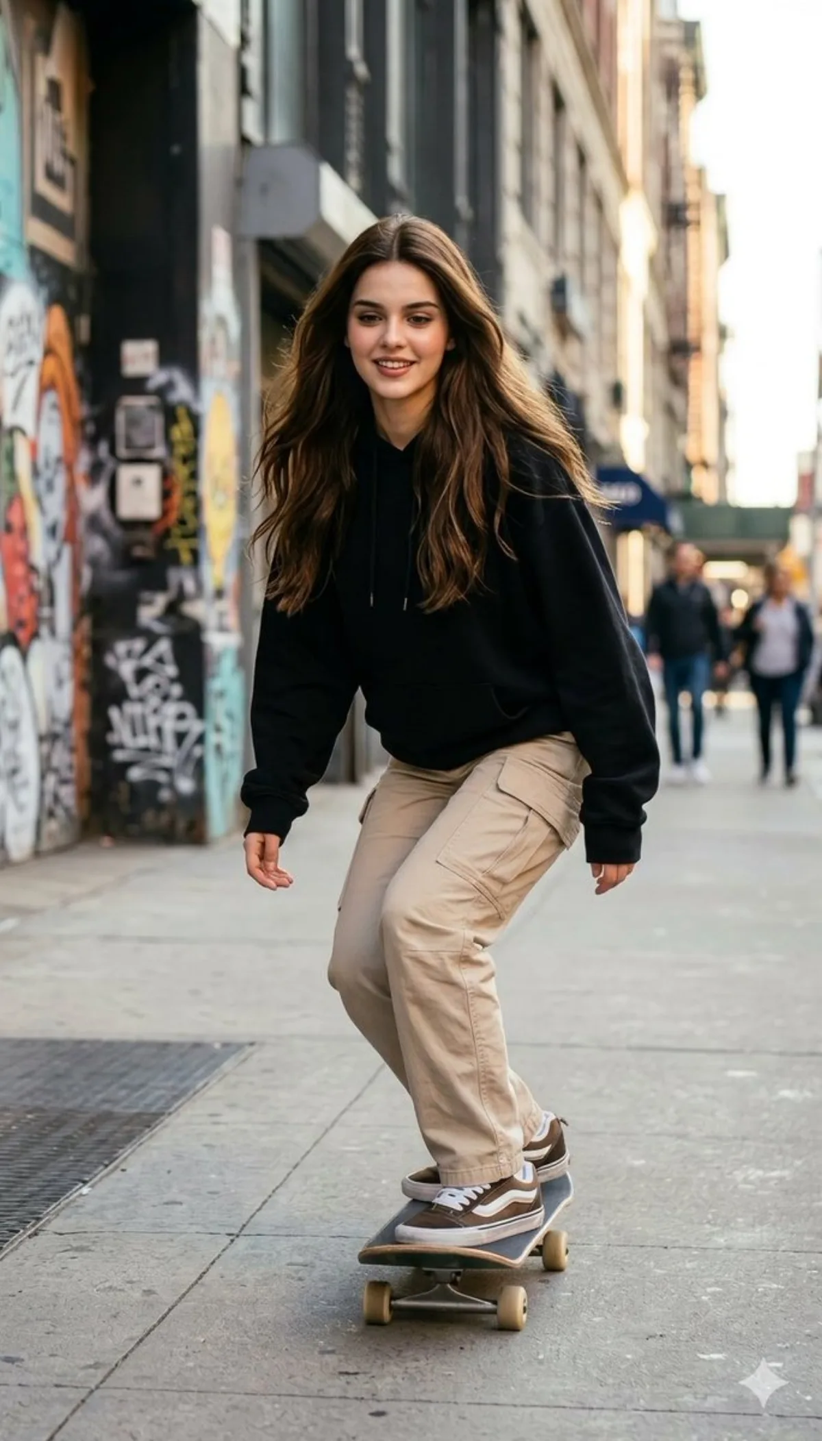 Young Woman Skateboarding in City Street (Modern)