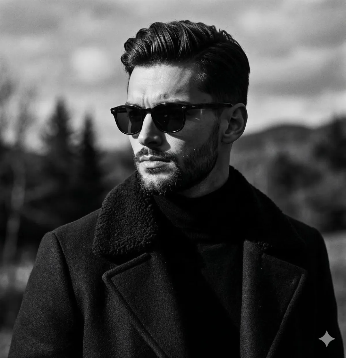Dramatic Black and White Male Portrait with Shearling Coat