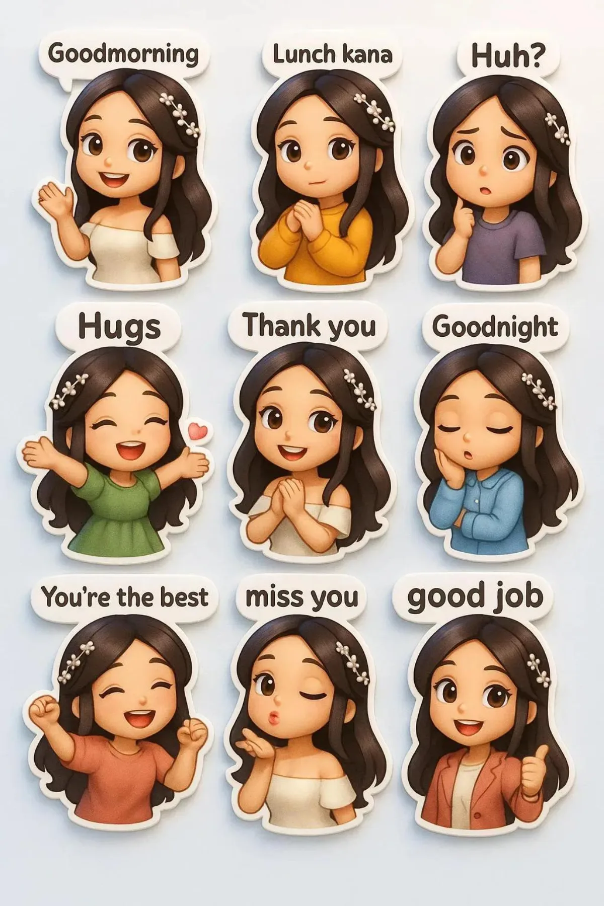 9 Chibi Stickers with Different Outfits, Poses, and Expressions (Premium)