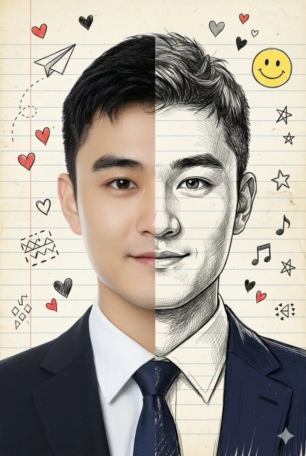 Hero Split-View Portrait: Photo vs. Hand-Drawn Illustration