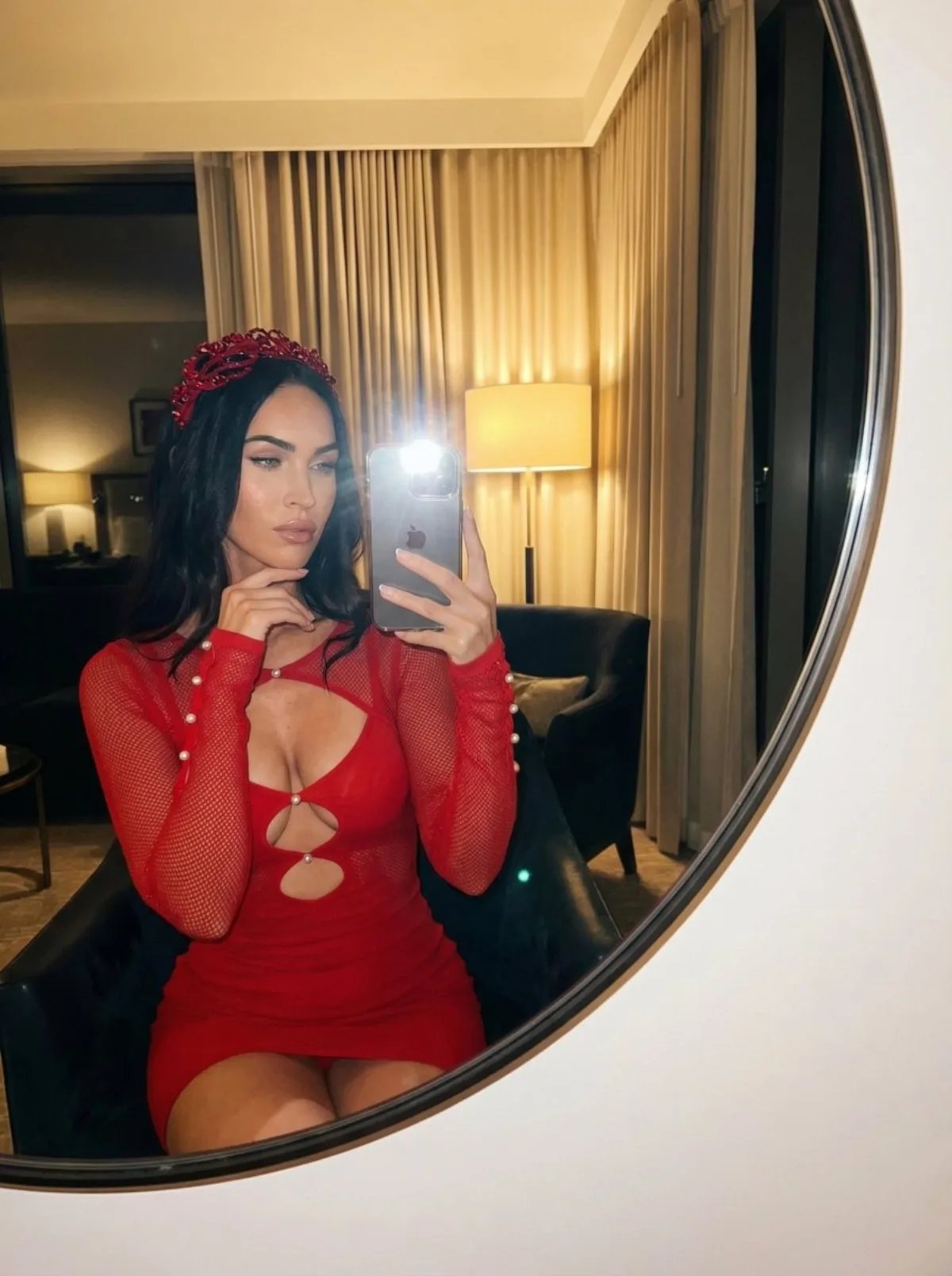 A Premium Luxury Mirror Selfie with Red Mesh Dress