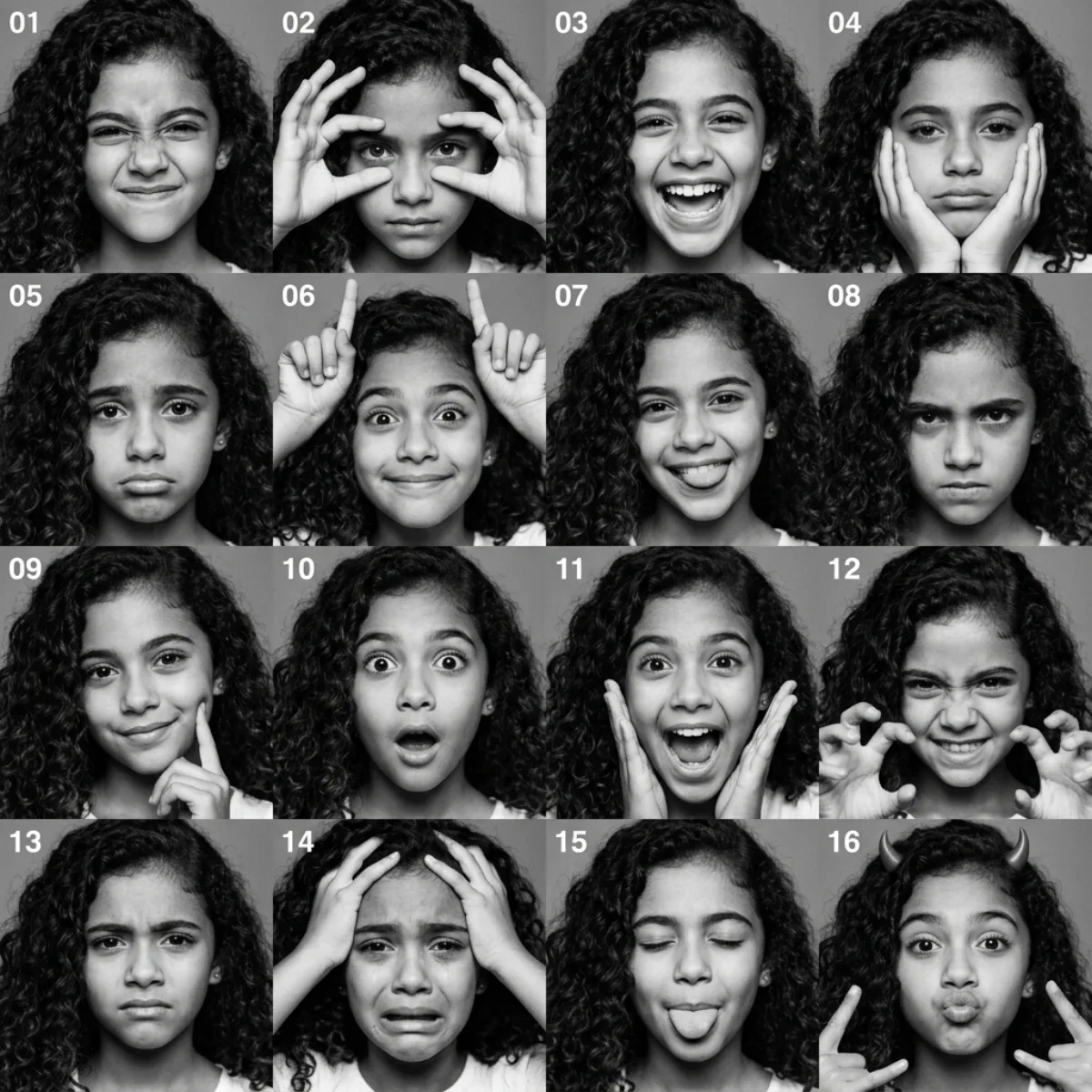 Stylized Black and White Photobooth Expression Grid