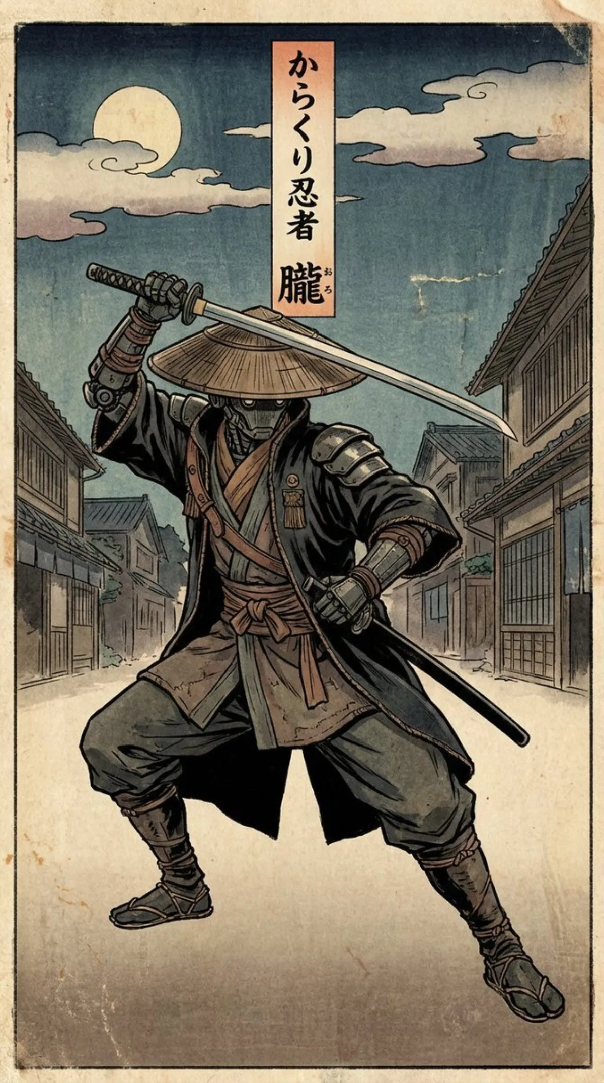 Woodblock print ninja character