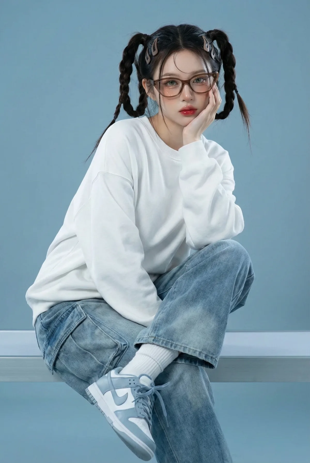 Futuristic Fashion Editorial with Sky-Blue Background: A Stylized Take