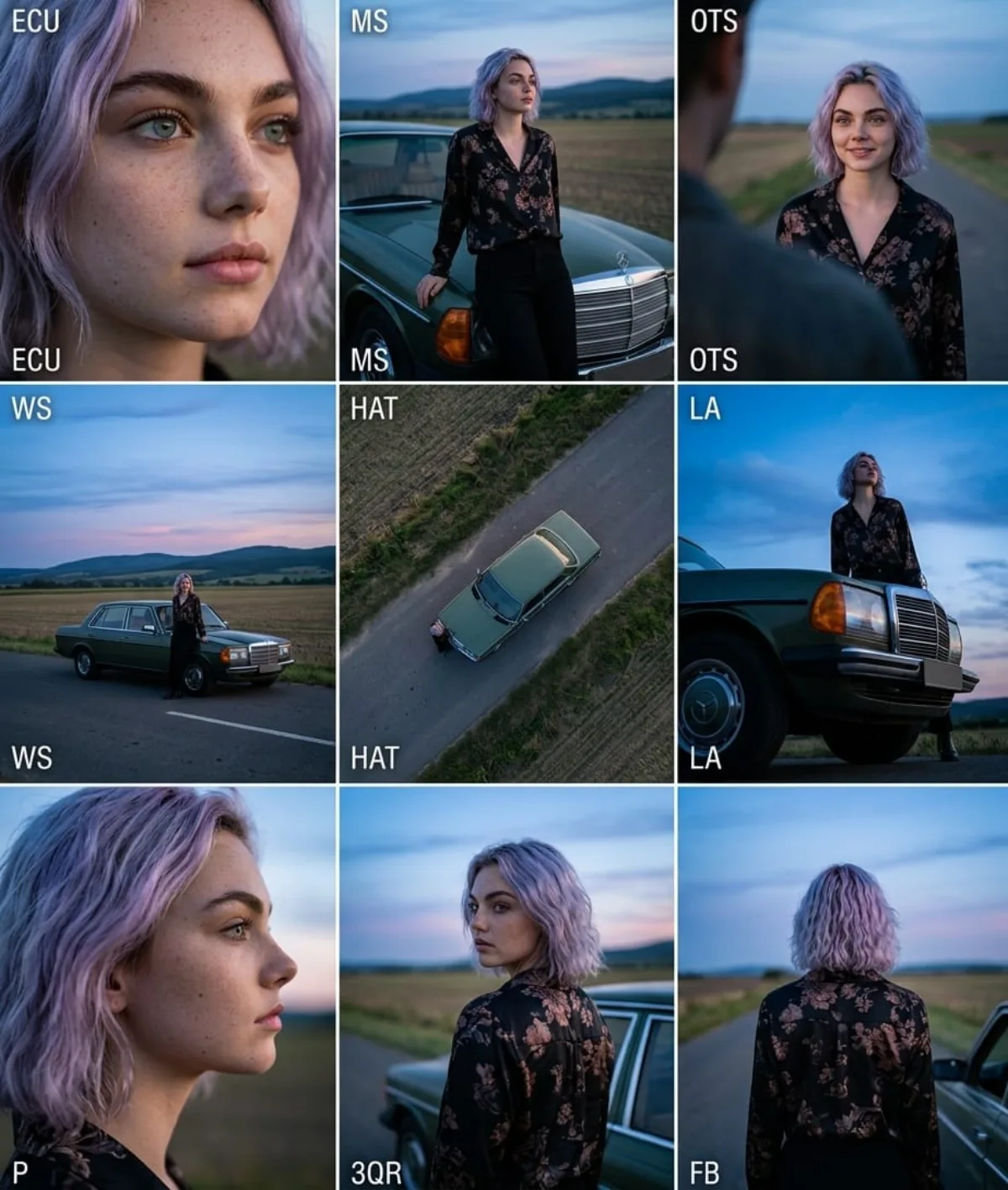 Cinematic 3x3 Grid of Woman at Dusk, Multiple Angles - Studio-Grade Style