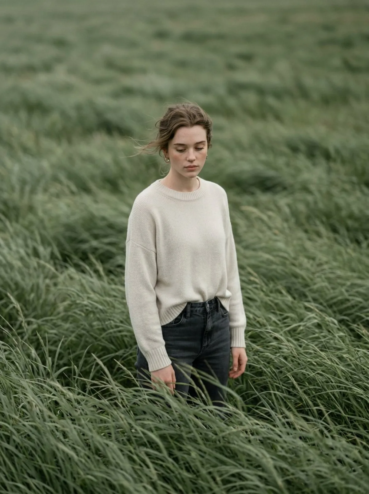 Cinematic Portrait in Sage-Green Field: A Refined Take