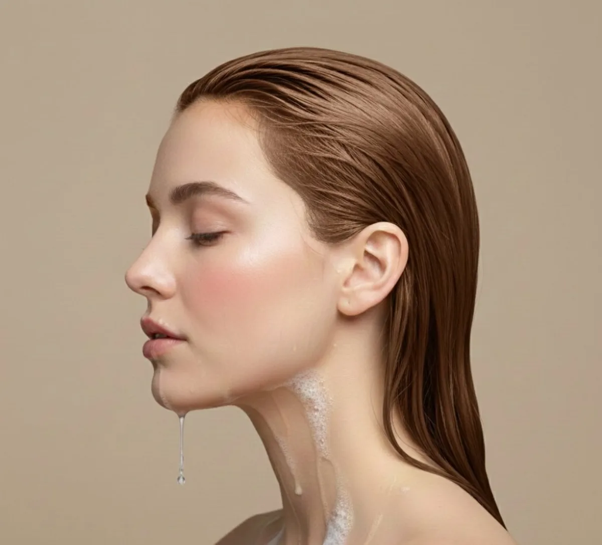 Hyperrealistic Female Selfie in Modern Nordic Bathroom