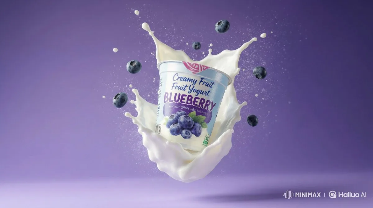 A Crafted Blueberry Yogurt Cup with Milk Splash, Advertising Style