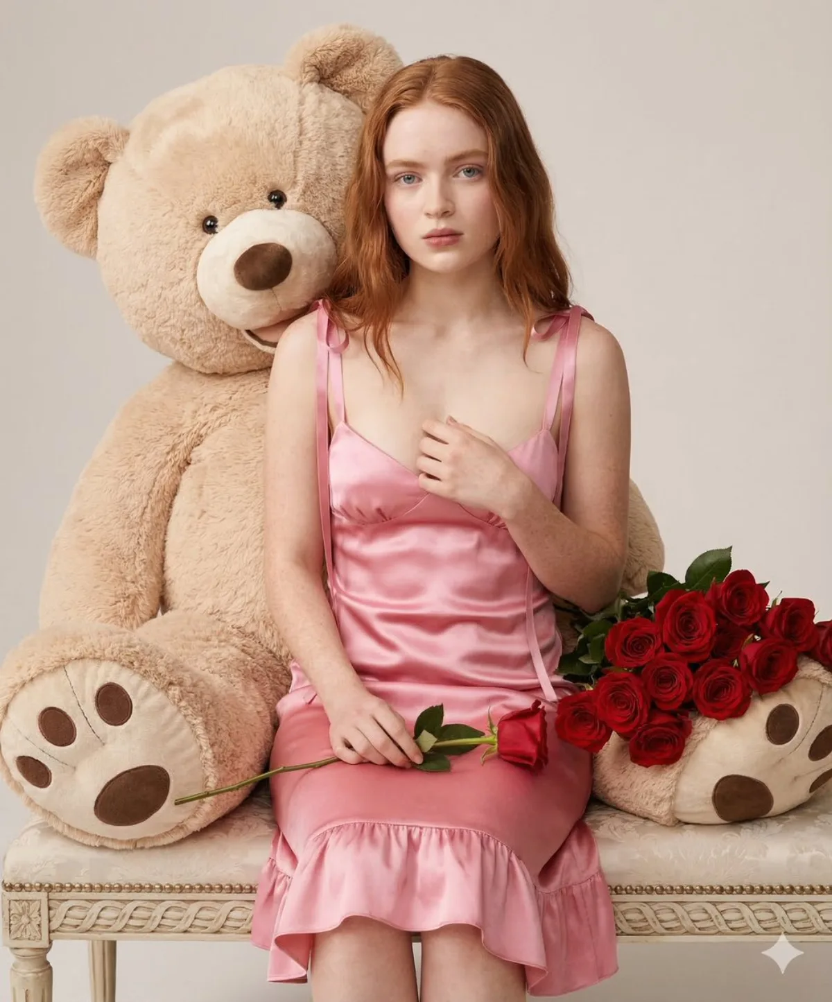 Woman in Pink Dress with Teddy Bear and Roses (Refined)