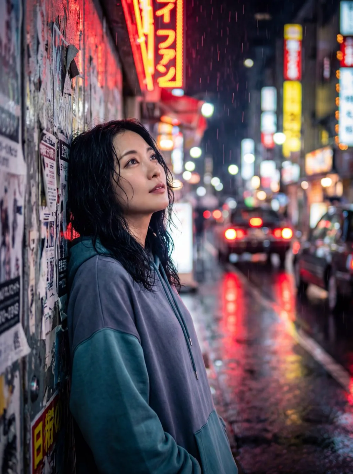 霓虹雨夜中的梦幻少女