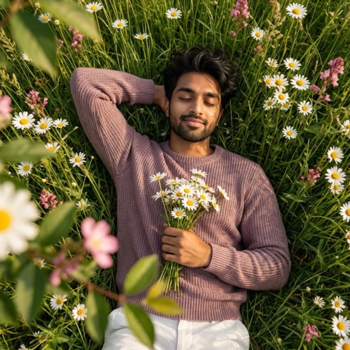 Serene Man in Wildflower Meadow Portrait: A Refined Take