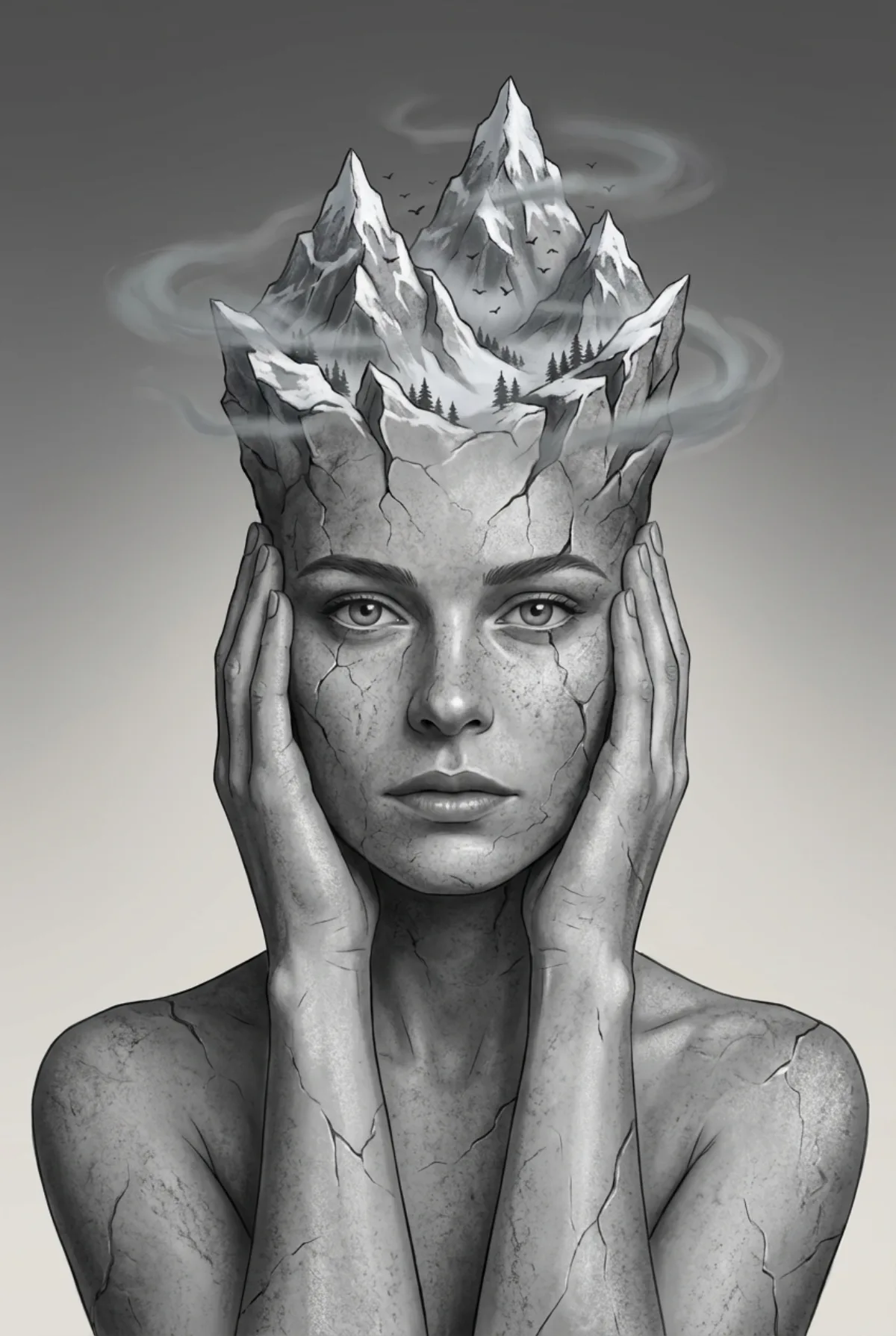 Surreal Stone Skin Mountain Head Portrait (Signature)