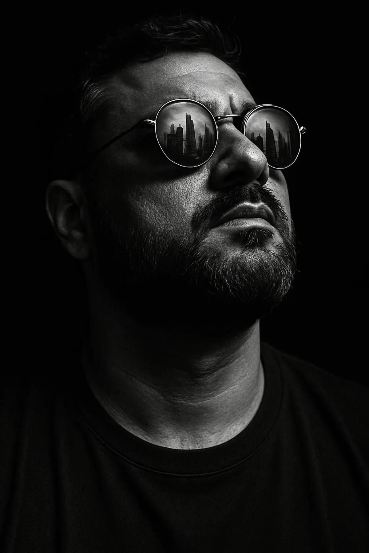 Curated Dramatic Black and White Portrait with City Reflection
