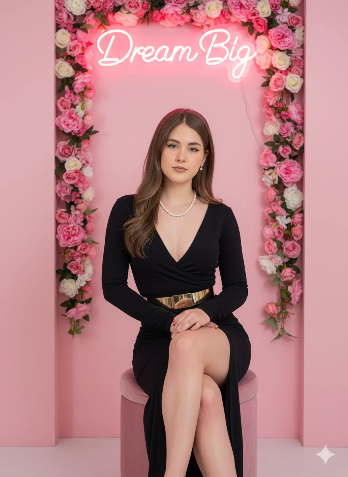 Glamorous Studio Portrait with Pink Neon and Flowers - Premium Style