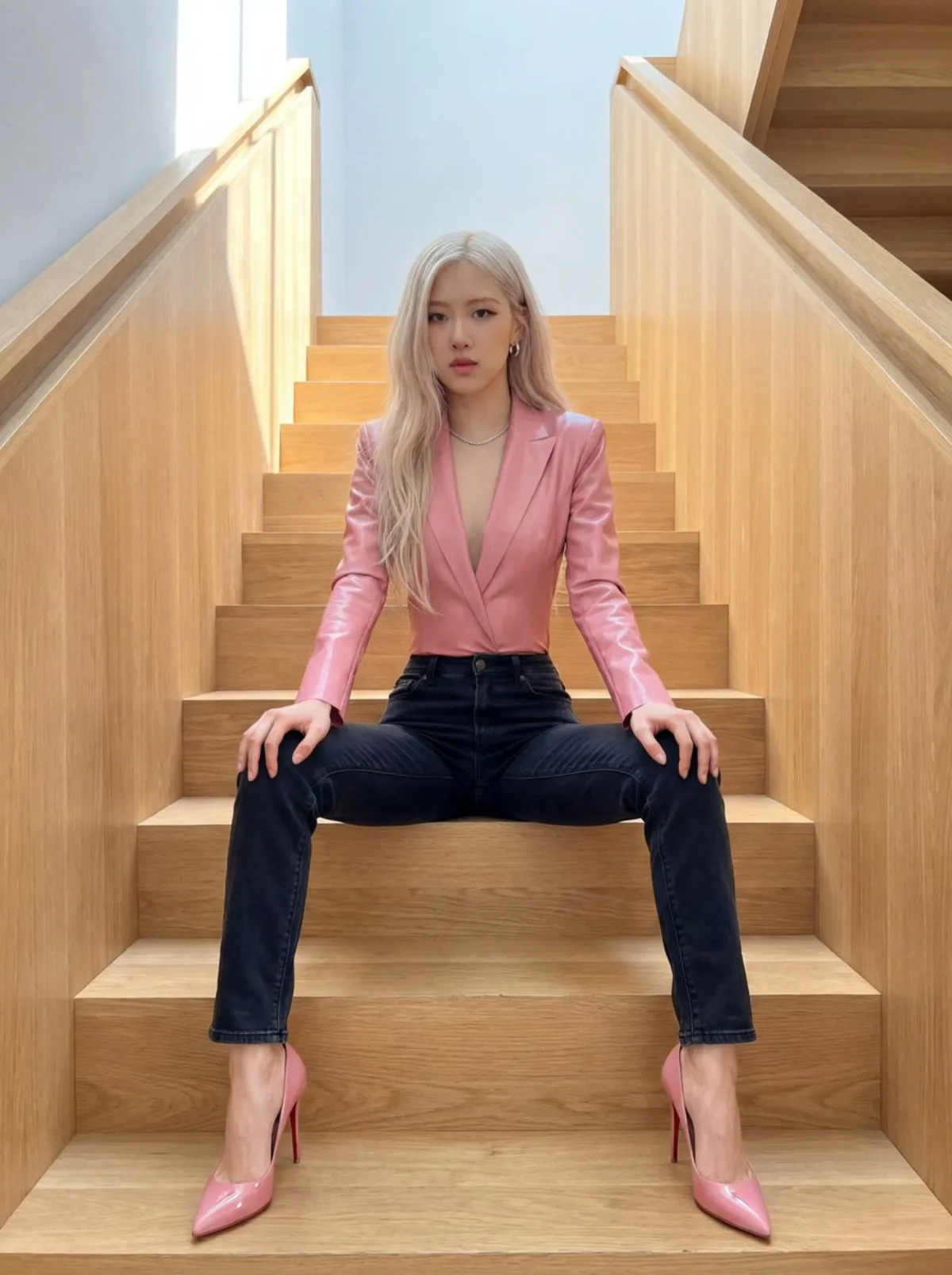 K-pop Idol Rosé on Modern Wooden Stairs (Curated)