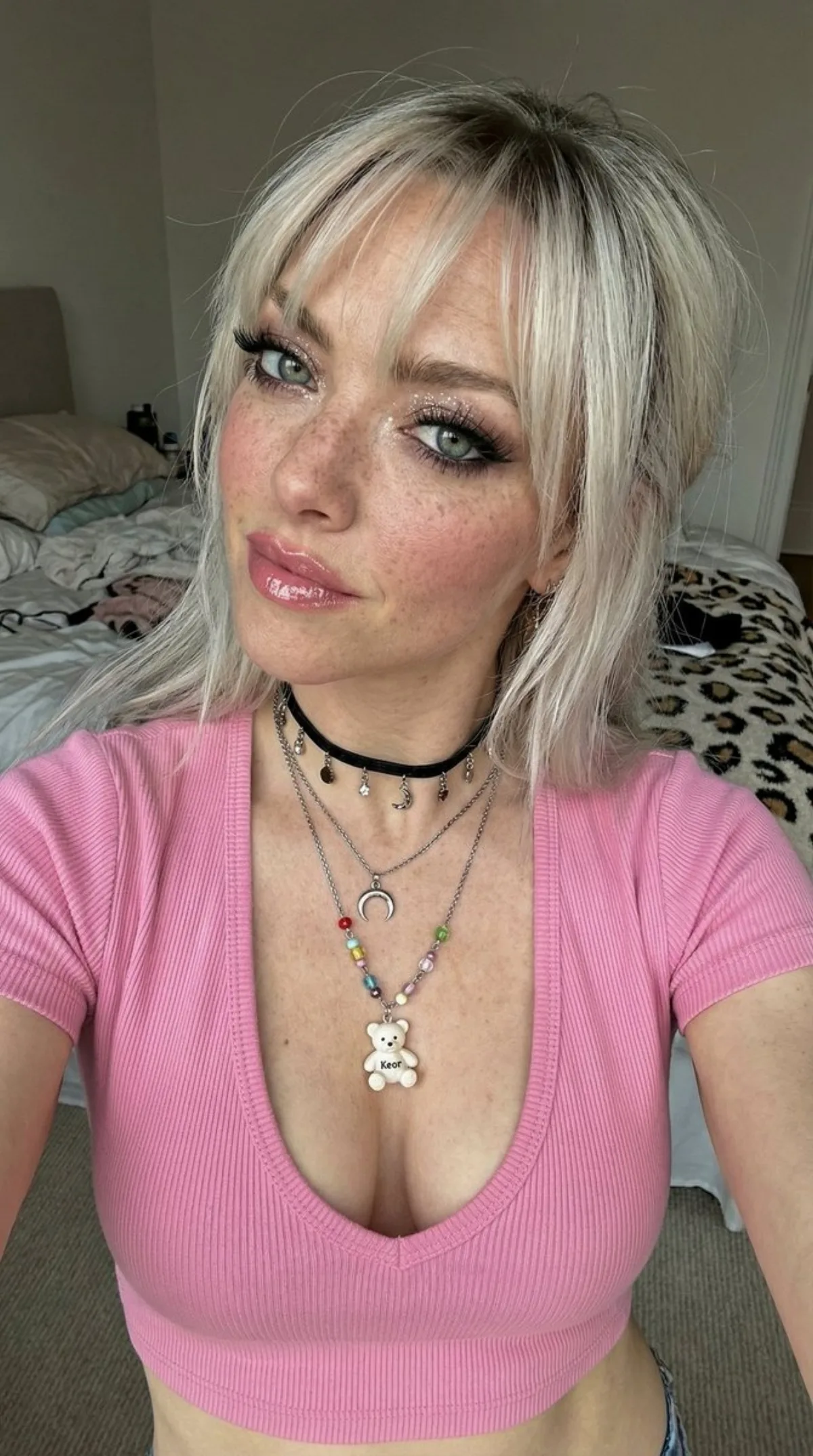 Freckled Woman Selfie with Layered Necklaces