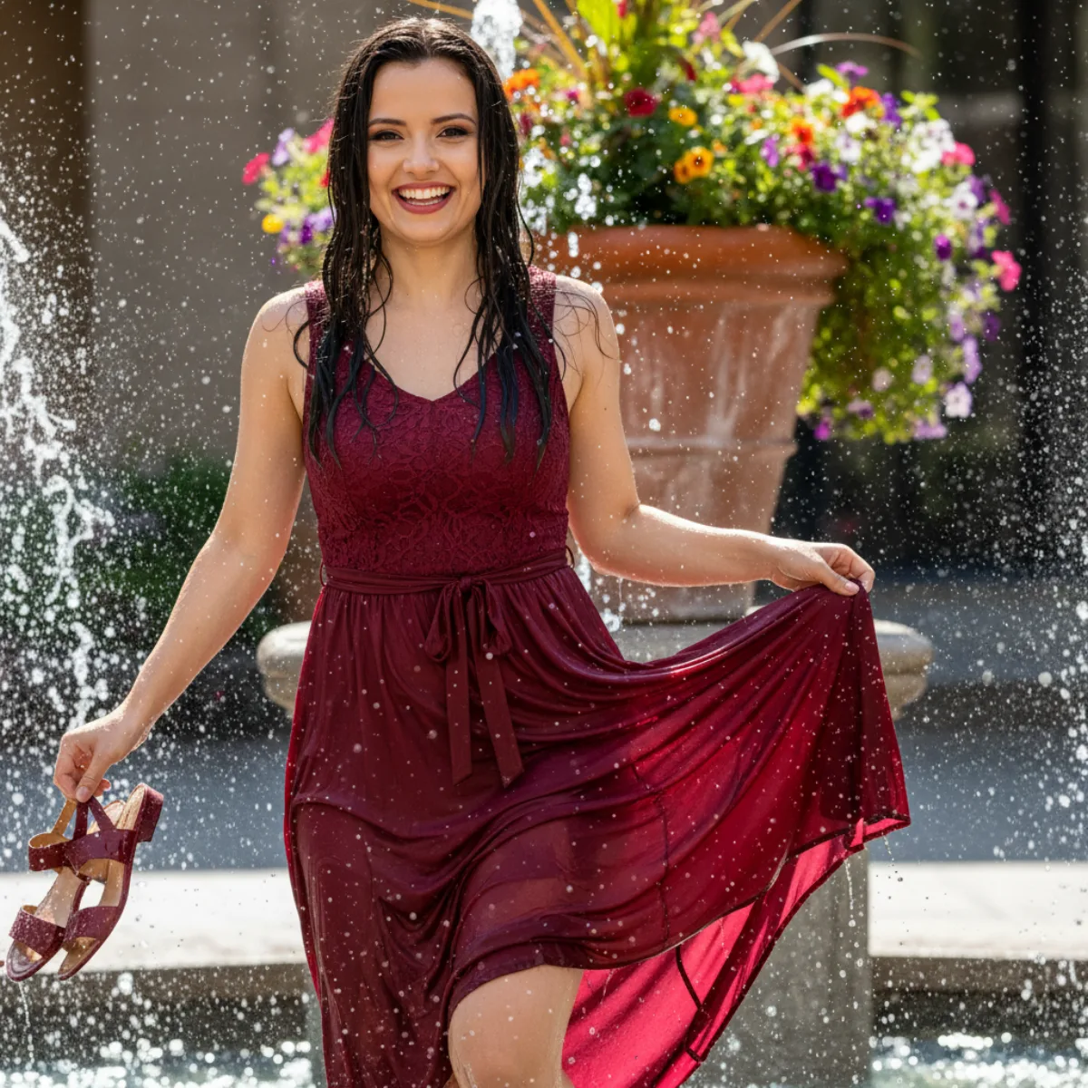 A Editorial Woman Playing in Outdoor Water Fountain