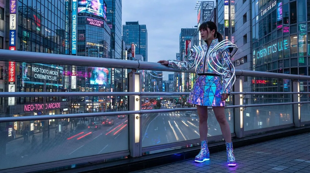 Minimal-word prompt: Japanese, near-future, beautiful woman, city center: A Stud