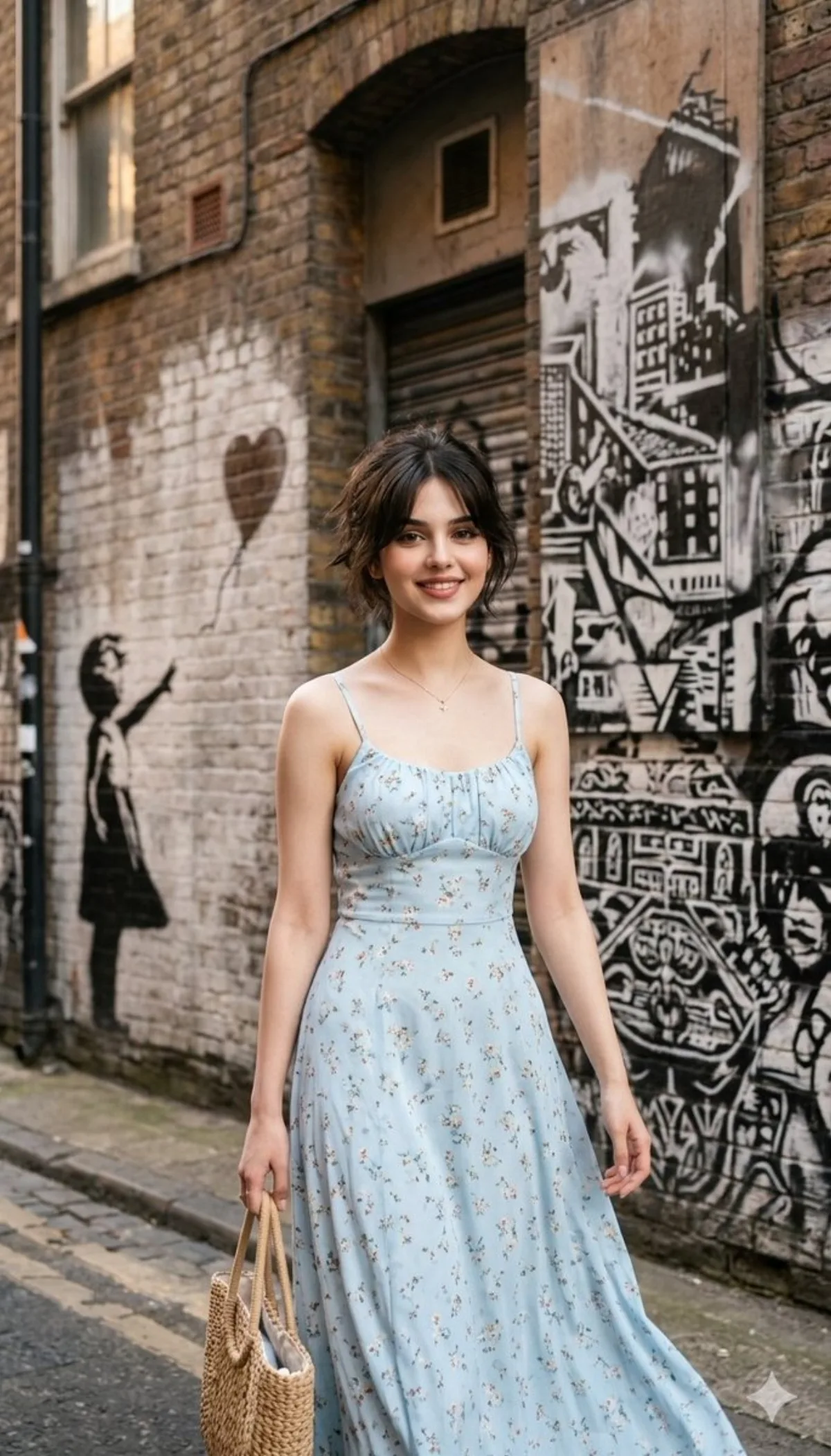 Woman in Sundress with Banksy-Style Graffiti Background (Signature)