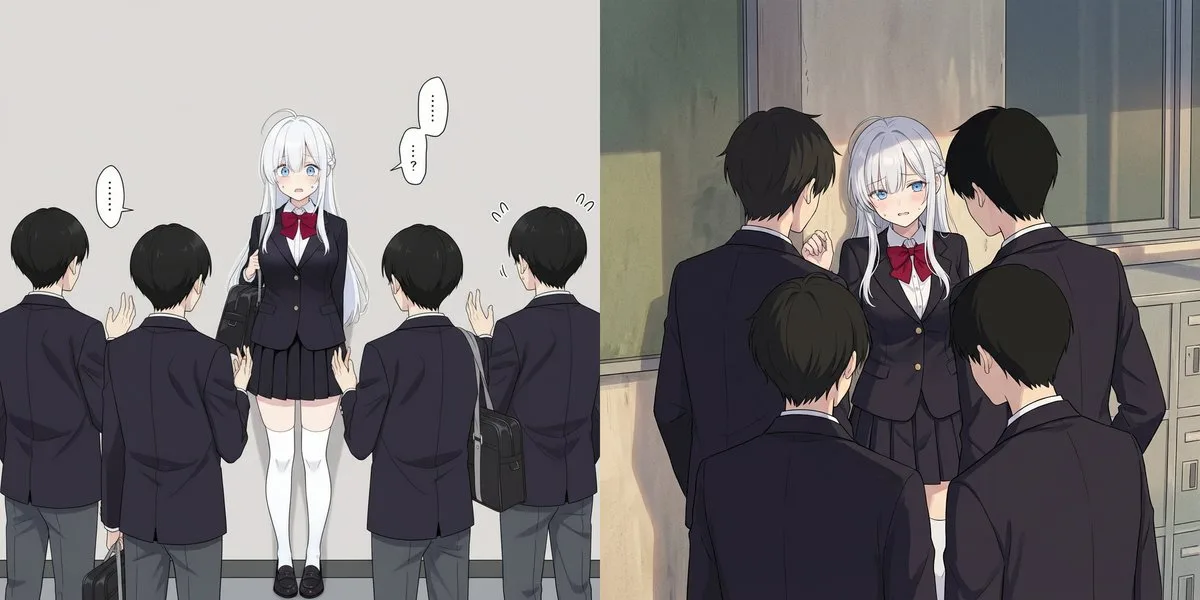 Female student cornered by three male classmates (repeat)