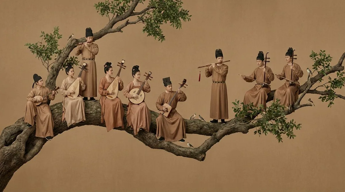 Tang Dynasty Court Orchestra Performing in Trees: A Stylized Take