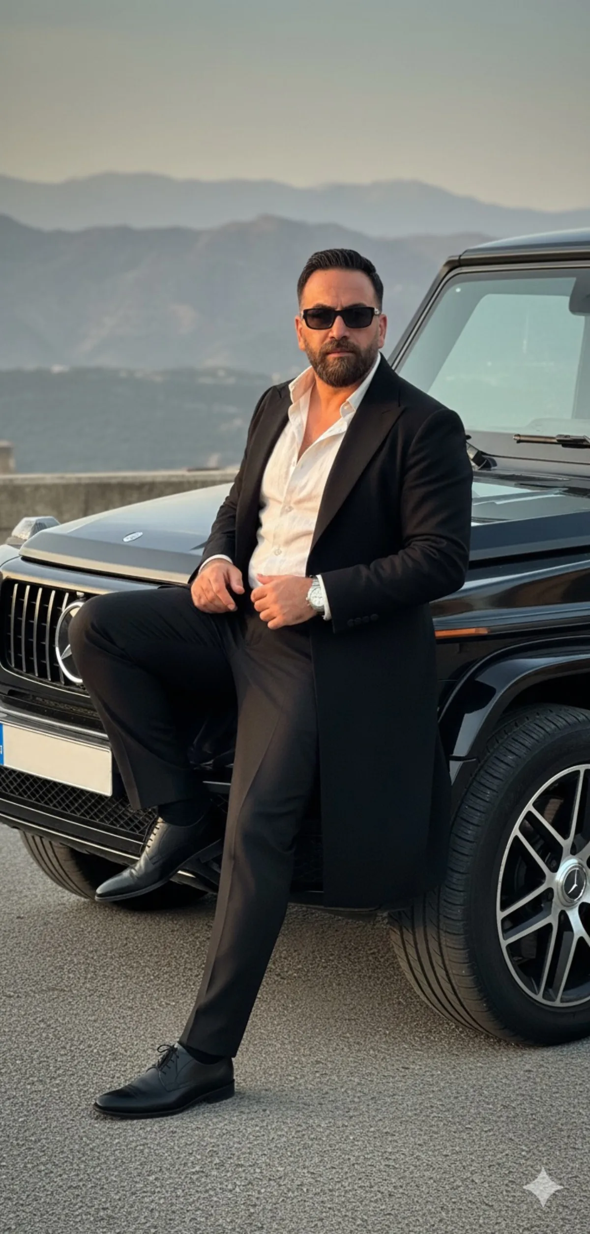 Man with Mercedes G-Wagon in Cinematic Amber Light