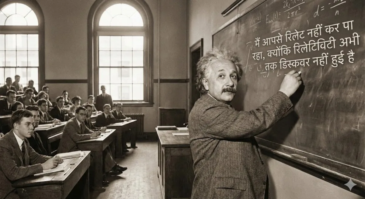 Einstein teaching at MIT with Hindi text on chalkboard