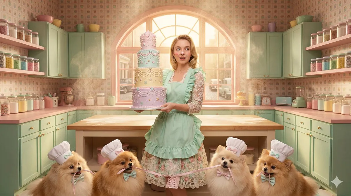 Clumsy Pastry Chef in Wes Anderson Kitchen